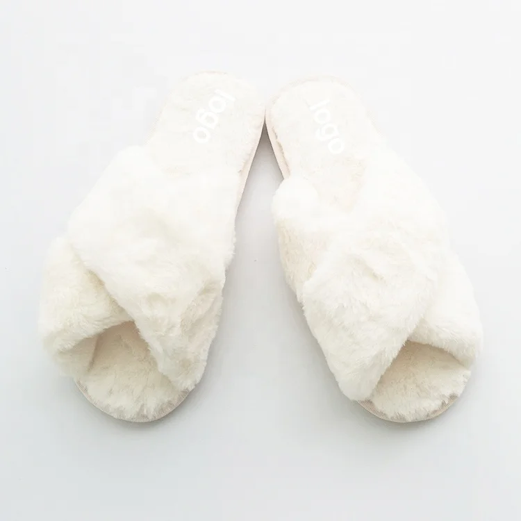 

Spring High-quality Women's Cross Band Slippers Fuzzy Soft Plush Furry Warm Cozy Open Toe Fluffy White Shoes For America Ladies