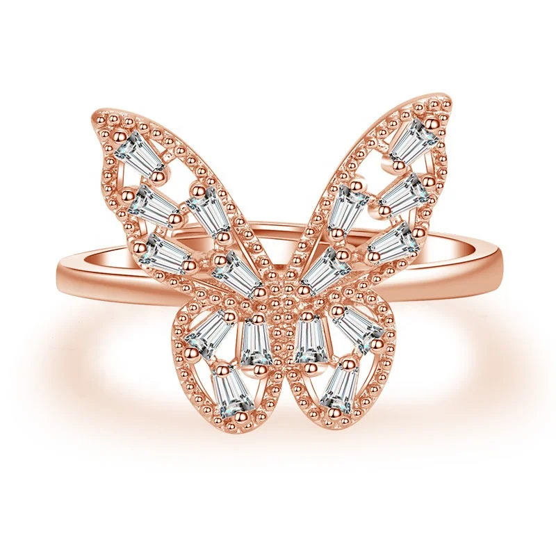 

Women Statement Jewelry Big Gem Stone Jewellery Plated Rose Gold Butterfly Ring, White, rose gold