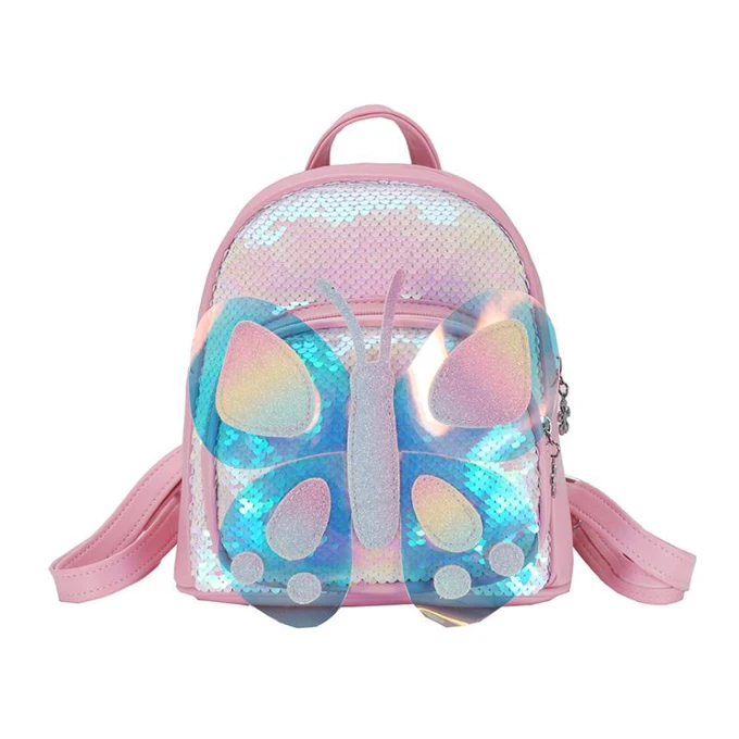 

3D butterfly girls school bags leather mini kids sequin backpacks waterproof for school children