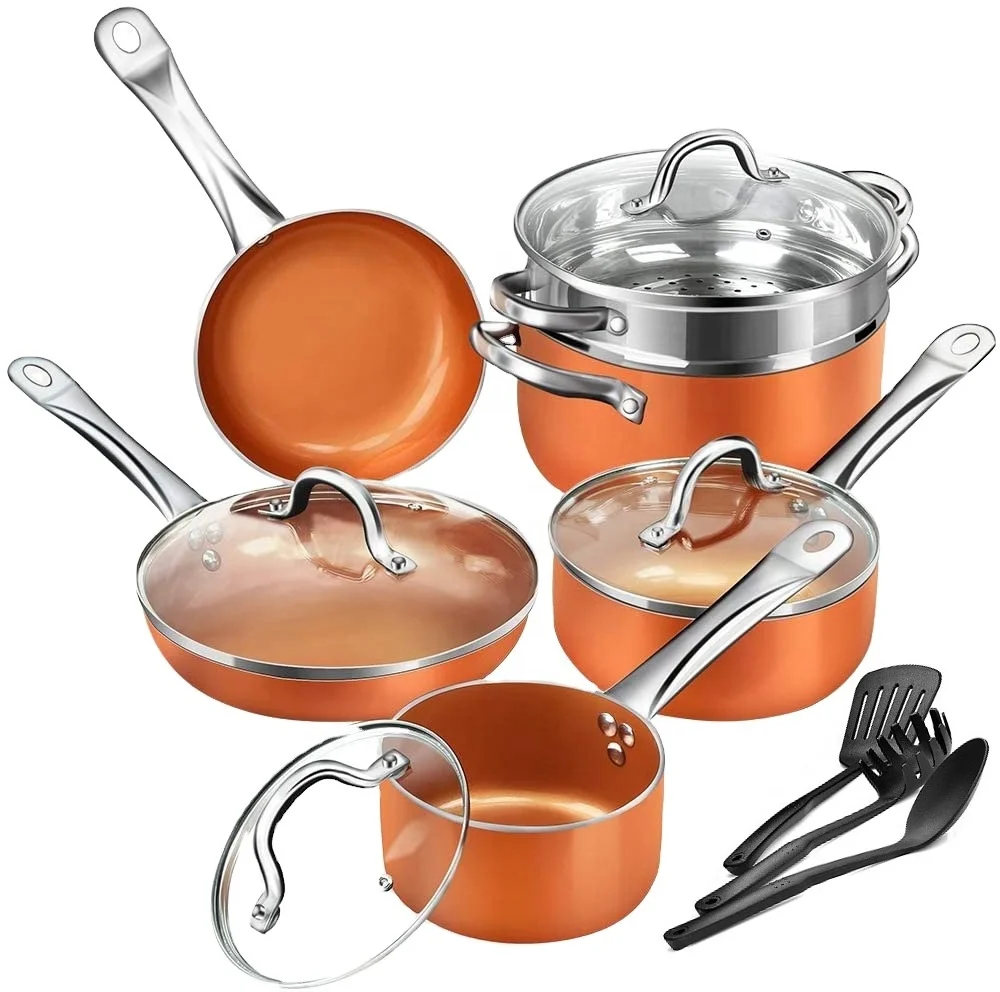 

New 10 pieces double bottom pot set kitchen no-stick pot cookware set cooper steam stew frying pan and pot set, Customized color