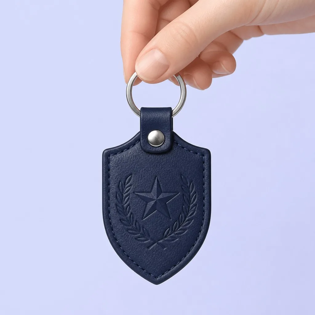 Hand holding the navy shield-shaped leather keychain