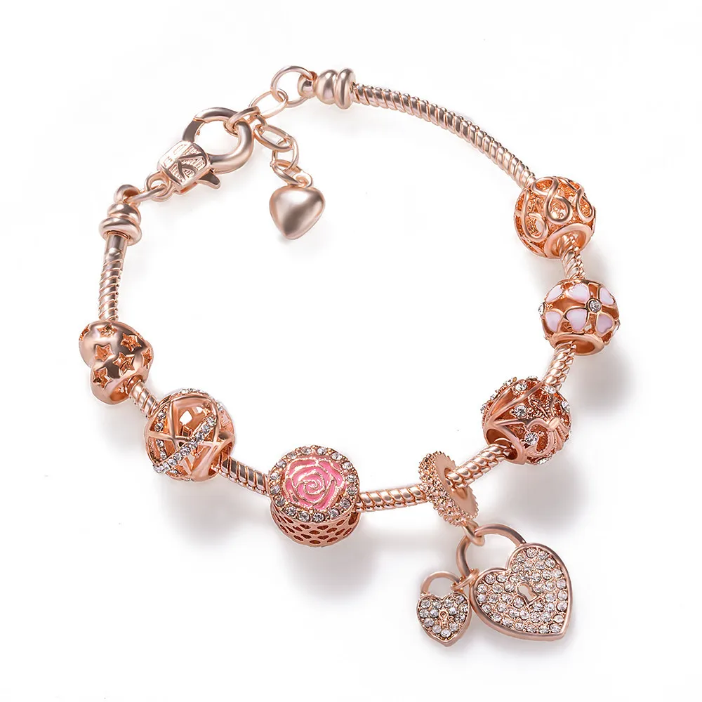 

New Love Lock Rose Heart Charm Beads Bracelets & Bangles for Women Girls Murano Crystal Fit Pan Rose Gold DIY Bracelets, Picture shows