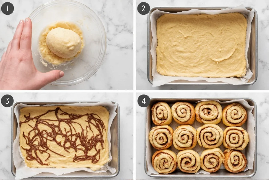 Step-by-step process of making chocolate cinnamon buns showing dough preparation, filling application, and baking stages