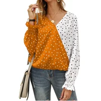 

Women V Neck Casual Blouse Patchwork Polka Dot Tops Ladies Chiffon Blouse