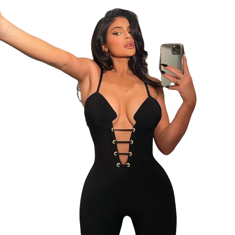 

278 Fall Women Clothing Tight Strapless Sexy Jumpsuits Club Jumpsuit Casual Bandage Sleeveless Sexy Jumpsuit, Black