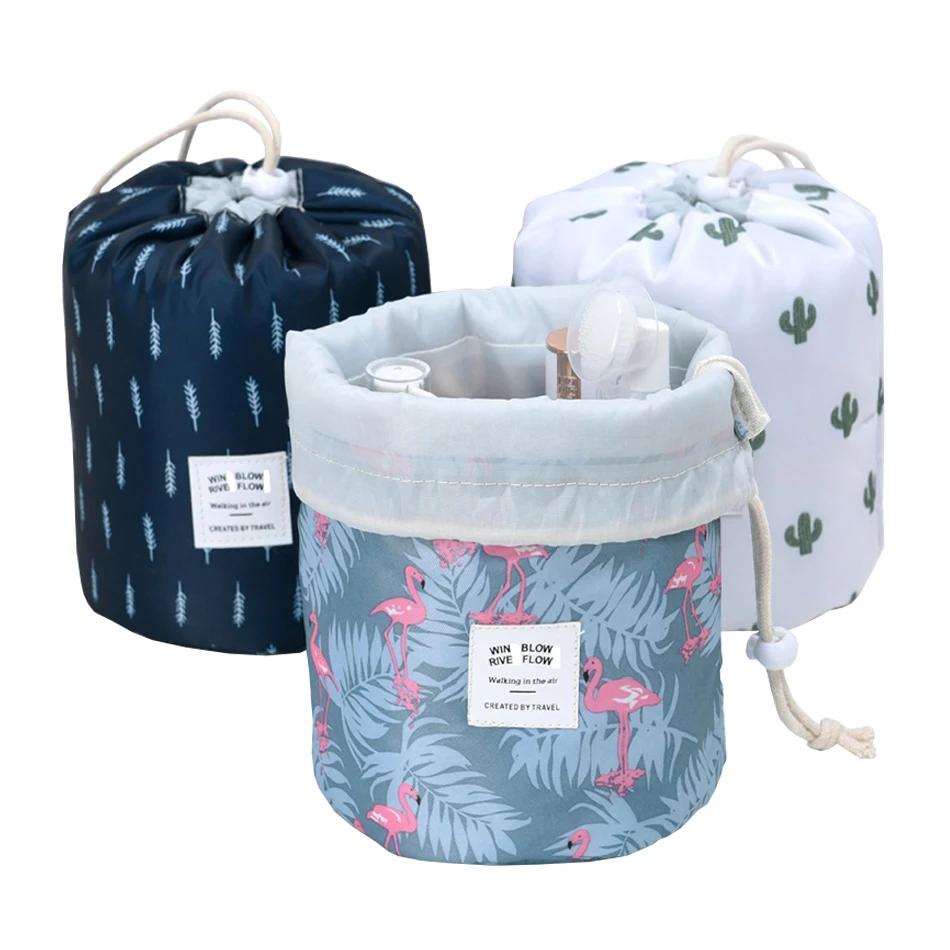 

2020 Cosmetic Pouch Bag Barrel Shaped Travel Cosmetic Bag Round Drawstring Makeup Organizer Storage Bag, Customized color