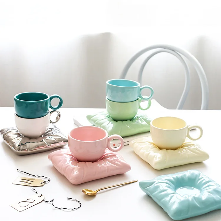 

Seaygift creative macaron color pillow porcelain tea cups nordic couple ceramic coffee mug and saucer gift set, Black/pink/blue