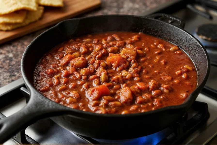 Cast iron pot with rich, dark chili simmering on stove