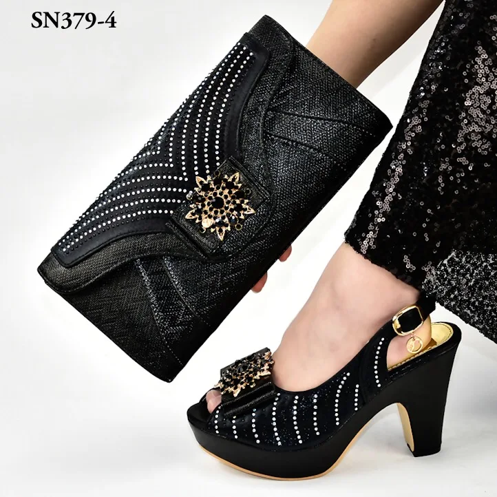 

Best sales black shoes matching bag 2019 stones Pu material nigerian party shoes