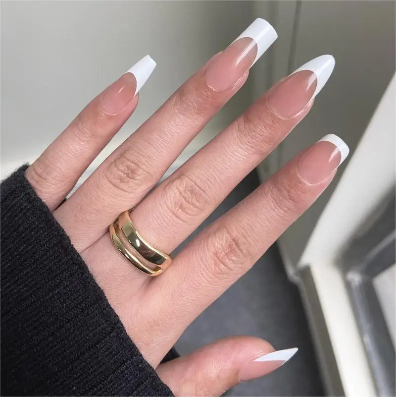 

Wholesale French Gel X Tips Nail Press On Long Coffin Fake Nails Premade Designed Gel X Nails Full Cover French X Coat Tips