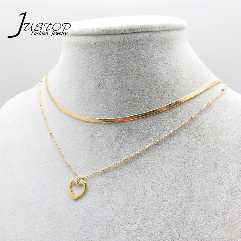 

Stainless Steel Layer Jewelry 18k Gold Snake Chain Beads Chain Necklaces With Heart Pendant