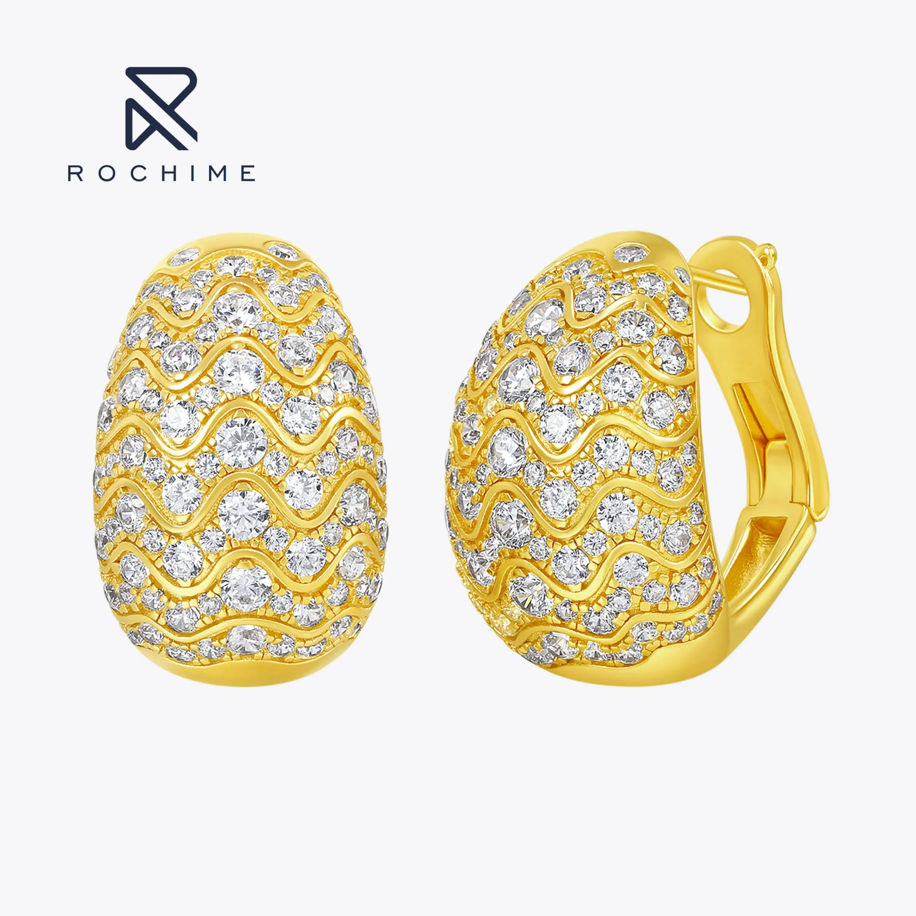 Rochime New Arrival Design   Wave Shape Vintage Heart  Gold Plated Diamond  Earrings  Silver 925 Jewelry Accessories