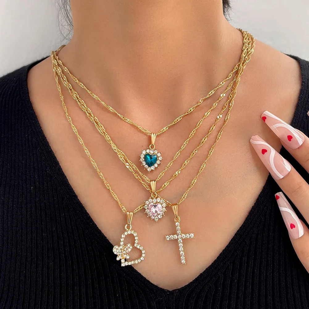 

4pcs/set Twisted Rope Cross Necklace For Women Full Crystal Pave Love Heart Butterfly Charms Necklace, Gold plated