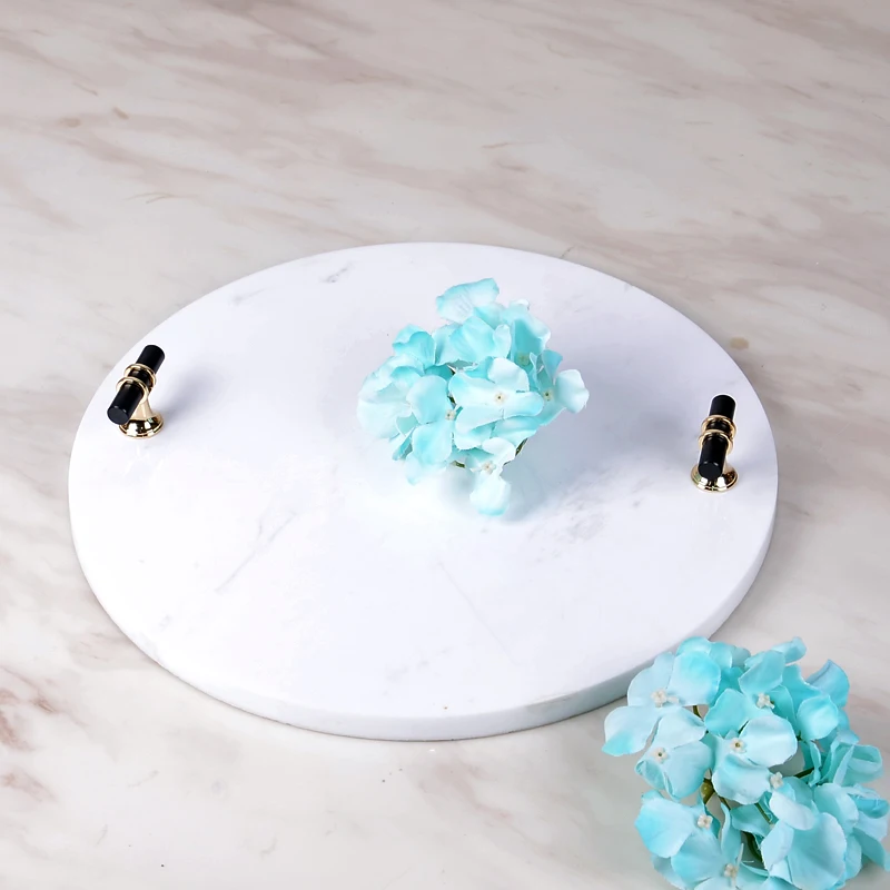 

DECORATIVE WHITE MARBLE TRAY WITH METAL HANDLES INTERIOR HOME ACCENTS