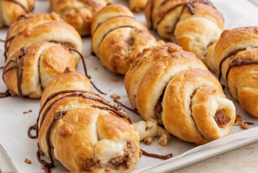 Assortment of creative cinnamon roll crescent roll variations including chocolate drizzle and apple cinnamon