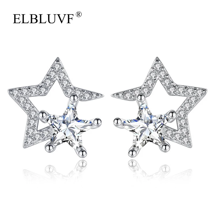 

ELBLUVF S925 Silver Plated Jewelry Inspirational Double Star Zircon Earrings Jewelry Accessories