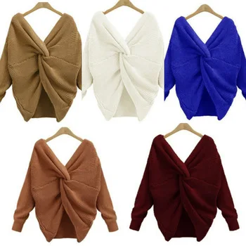 

plus size sweaters Women V Neck winter crop top Butterfly Sleeve Twist Backless sweaters woman, Black