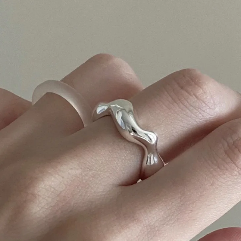 Women Silver Chunky Rings Geometric Irregular Wave Open Rings for 925 Sterling Silver Fine Jewelry