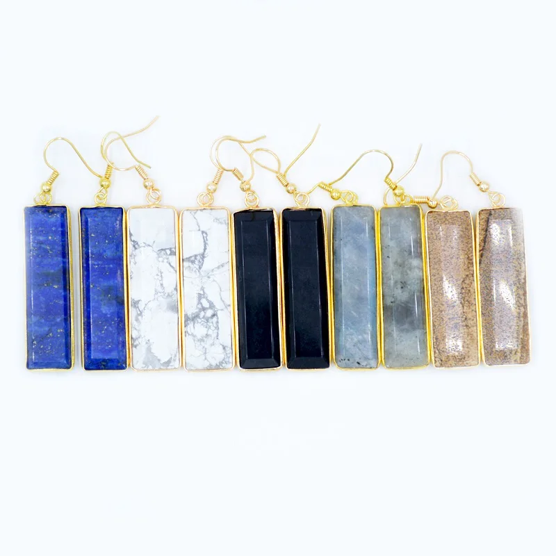 

Wholesale Natural Long Gemstone Bar Rectangle Earrings Fashion Jasper Gold Plated Earring Jade Jewelry Charming Ladies, Multi colors long earrings