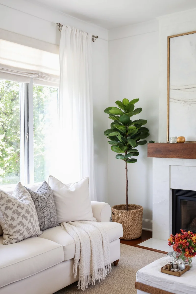 Floating shelves behind a beige sofa