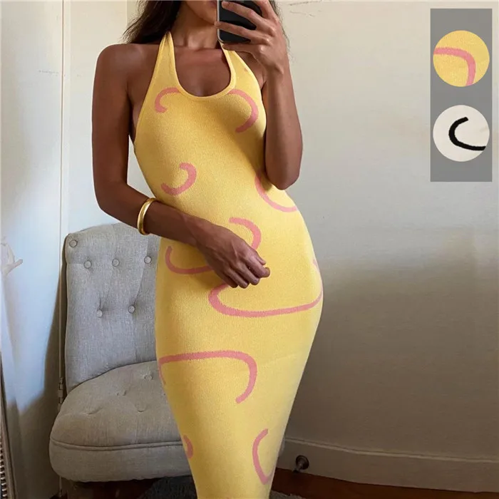 

M0018-2021 summer printed halter backless sweater dress women sexy bodycon midi dresses