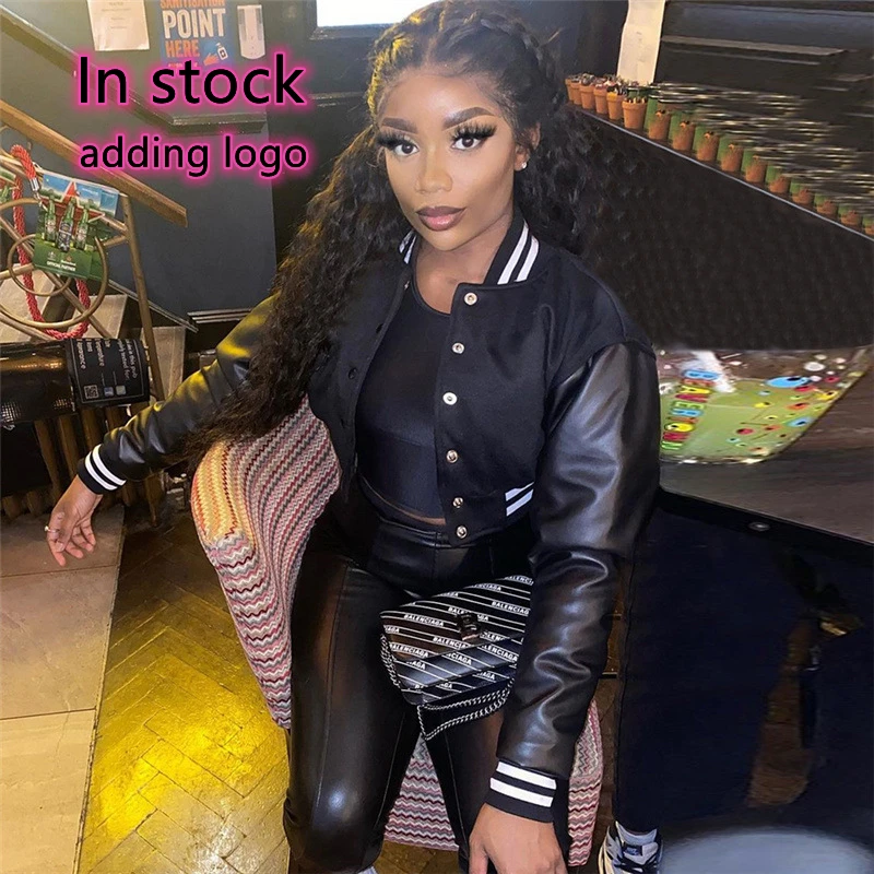 

M06466 Leather patchwork long sleeve bomber jacket fashion streetwear fall winter jacket woman