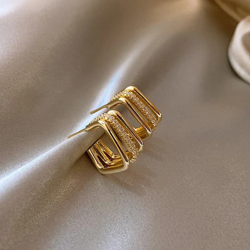 

Ins Trendy 18K Gold Plating Micro Pave Diamond Geometric Studs Earrings 925 Silver Post Multi Layer Zircon Square Hoop Earrings