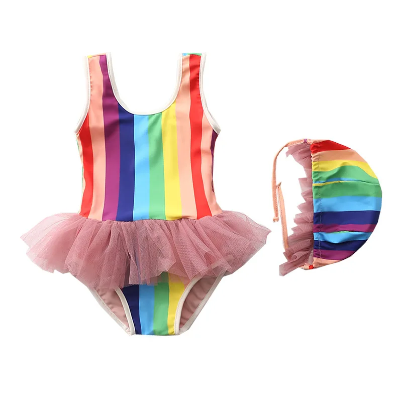 

2021 Mesh Ruffle Swimsuit Retro Swimming Costume Strip Rainbow Kids Children Swimwear