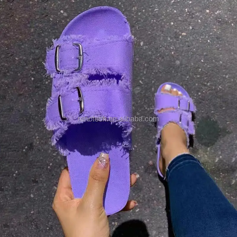 

LESLIDES Women's Casual Shoes Wood Grain Comfortable Anti-slip Canvas Fringed Strap Double Buckle Flat Slides Slippers, Purple/orange/pink/black/green