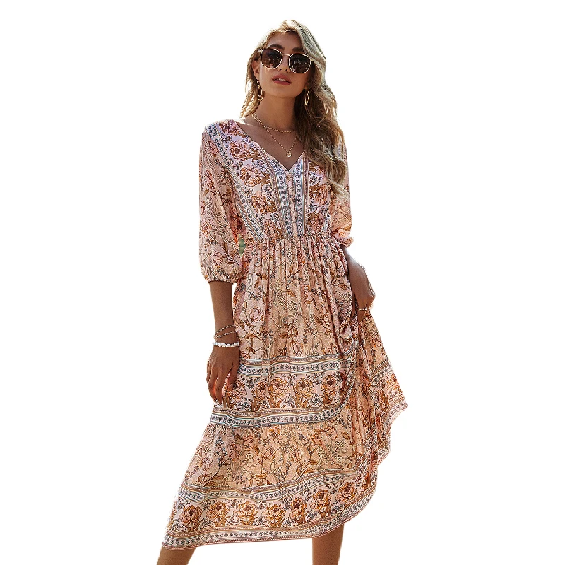 

Elegant V-neck Women High Waist Floral Print Female Loose Lady Summer Half Sleeve Bohemian Casual Midi Dress