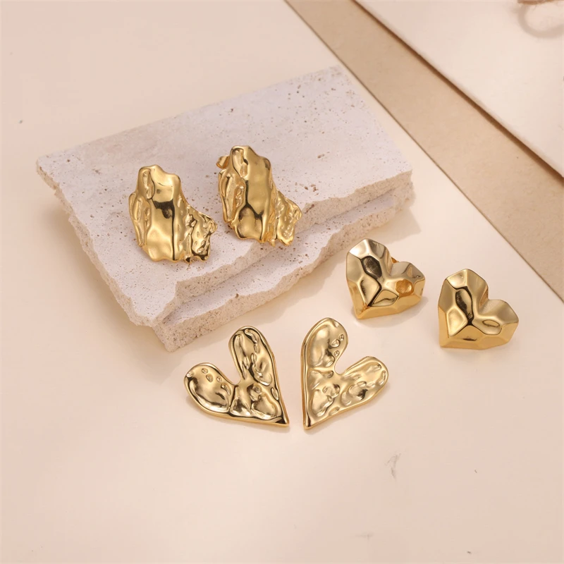 18K Gold Plated Stainless Steel Multi Faceted Corrugated Heart Geometric Stud Earrings