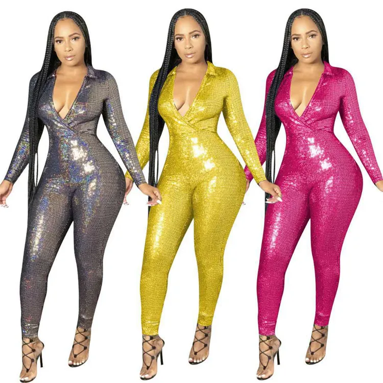 

Designer temperament women clothing long sleeve sequined deep v neck long jumpsuit