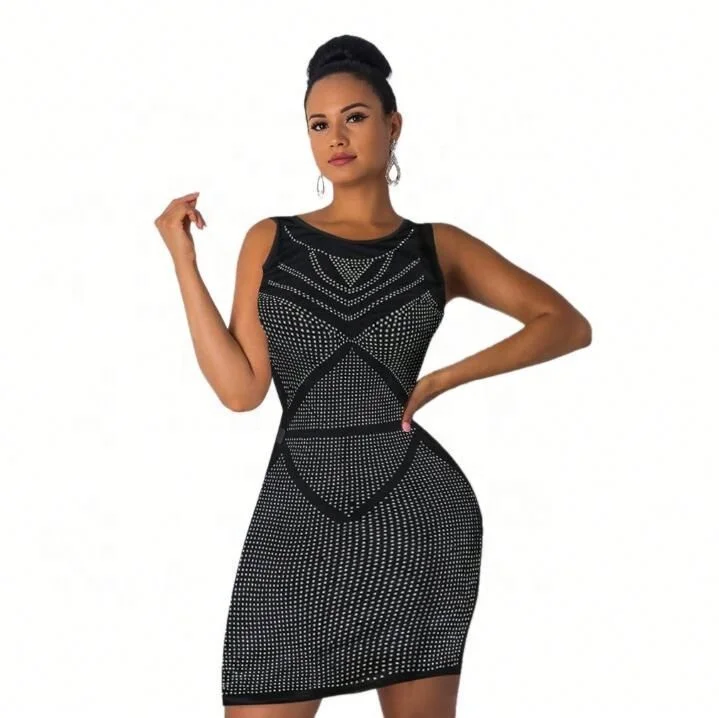 

Casual Hot Diamond Sleeveless Dress Knee Beach Dress ., Black