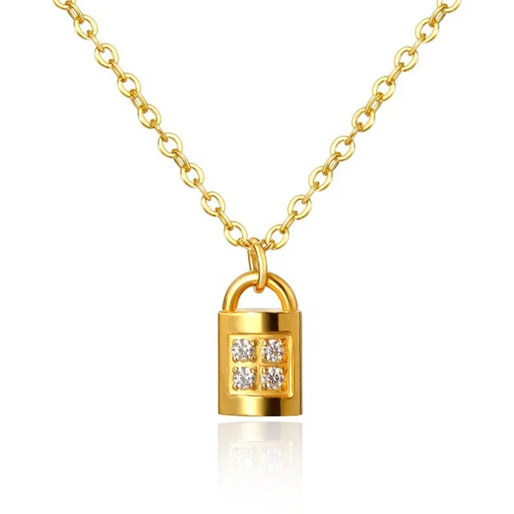 

Women Fashion Necklace Jewelry Delicate Stainless Steel CZ Stone Padlock Necklace Gold Plated Tiny Lock Necklace, Gold color