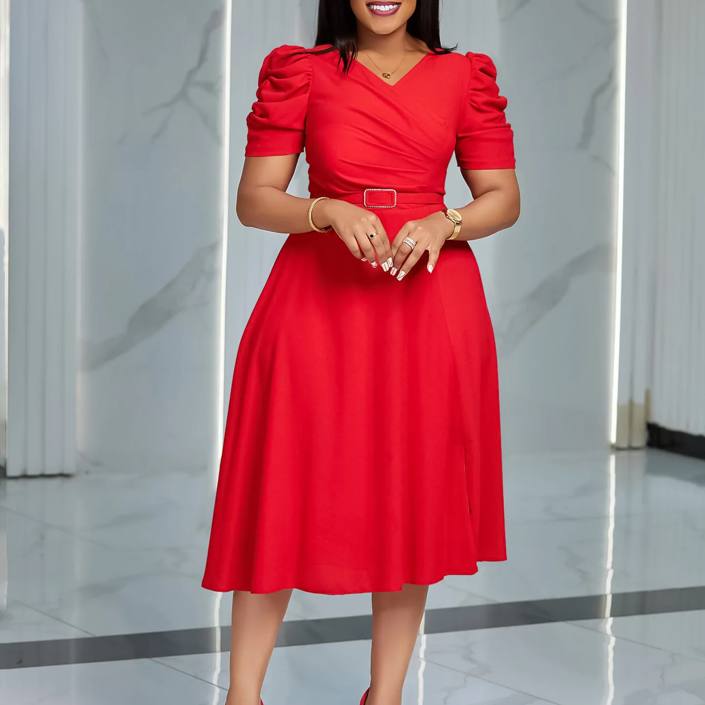 S-3XL  Summer Fashion Style Dress Elegant V-neck Dress Pleated Hem Dress
