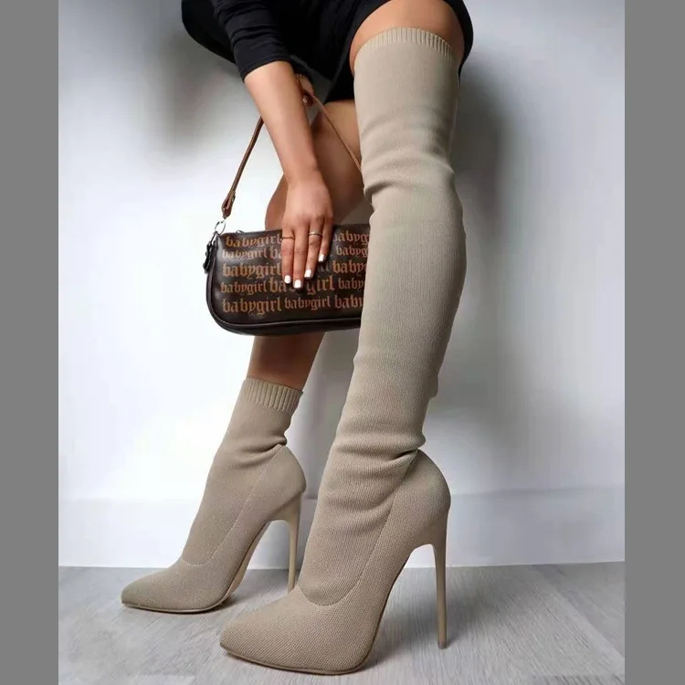 

Ins style hot sale fashion women knit solid thigh high tight skinny high heel over knee stiletto boots, Photo shows