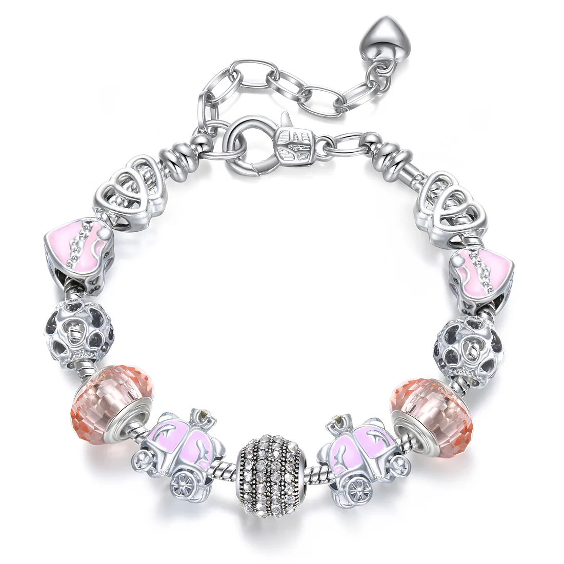 

2021 Fashion Silver Plated Austrian Crystal Large Hole Beads Bracelet Pink Enamel Pumpkin Carriage Spacer Charm Bracelet