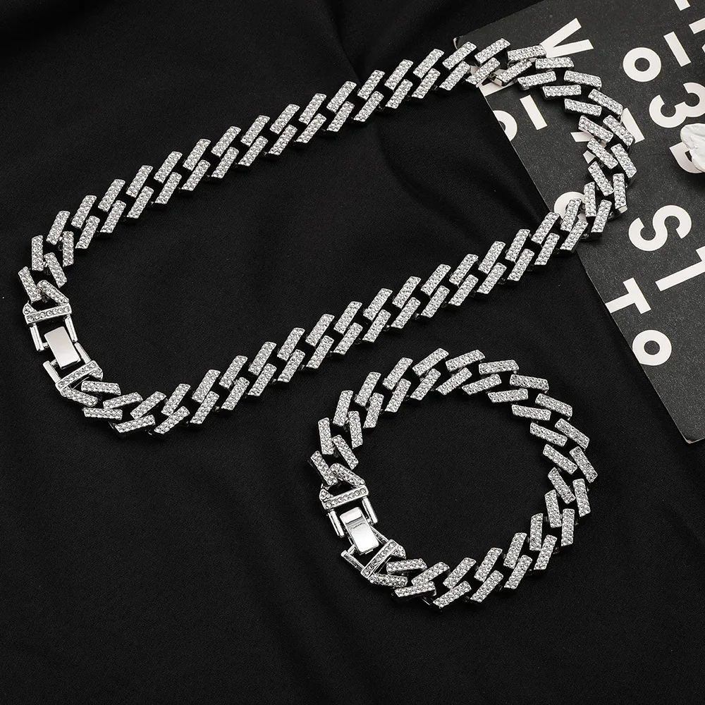 

Amazon Hot Sale Mens Miami Hip Hop Jewelry CZ Rhombus Zircon Cuban Chain Necklace Set, Siver,gold,black