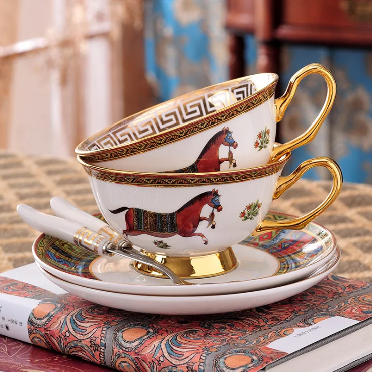 

High quality bone china horse gold handle tea cup saucer set porcelain coffee cups with gift box packing, Gold rim