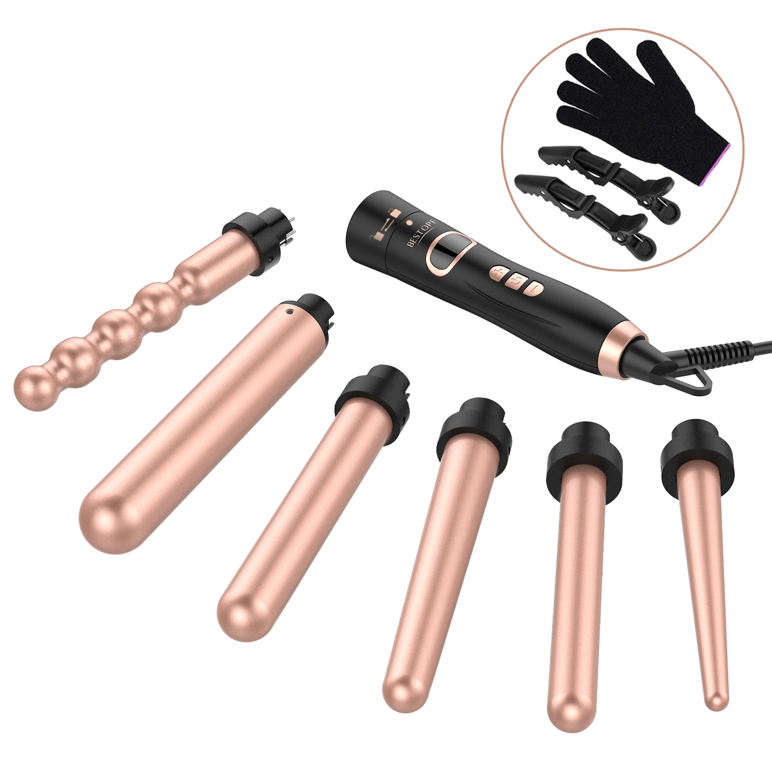

OEM Ceramic Hair Curler Bestope Interchangeable 6 in 1 Wand Curling Iron Set for All Hair Types, Rose gold