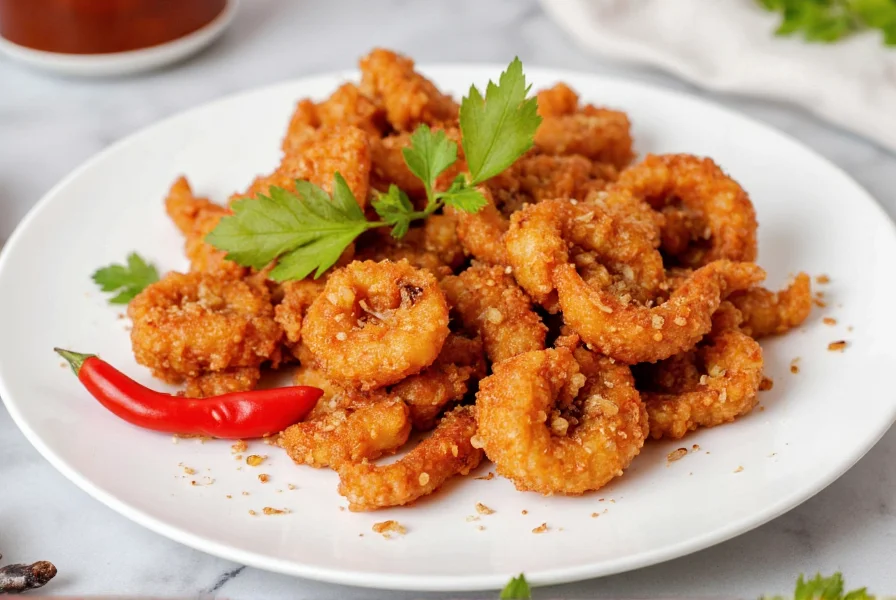 Crispy salt and pepper chilli squid served on white plate with fresh chilli garnish