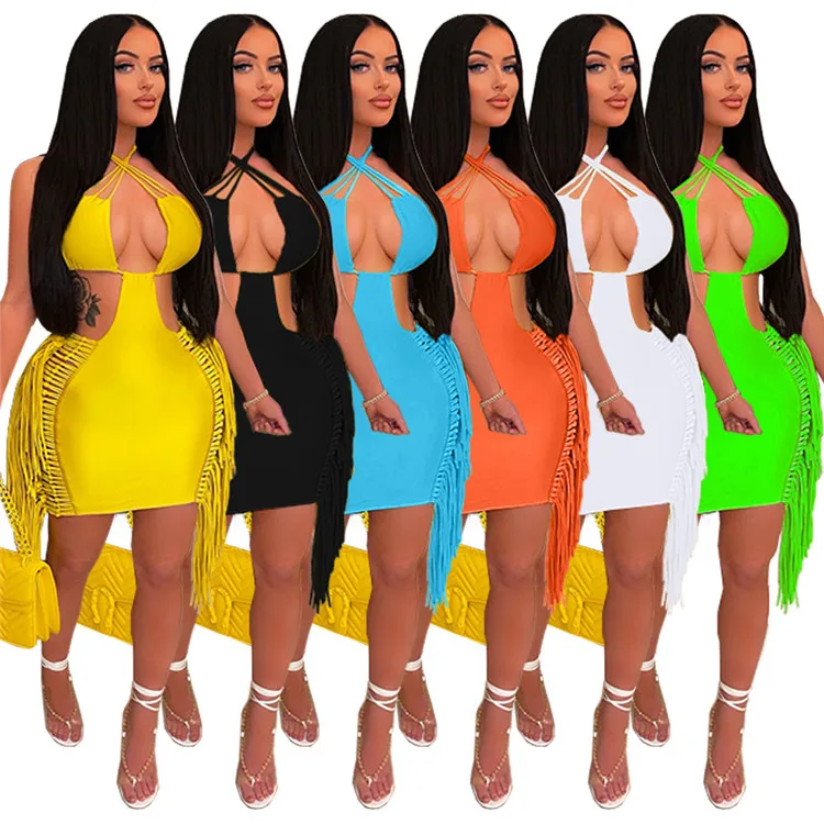 

High Quality Sexy Ladies Dress Halter Backless Tassels Bodycon Club Summer Women Mini Dresses, Picture shows