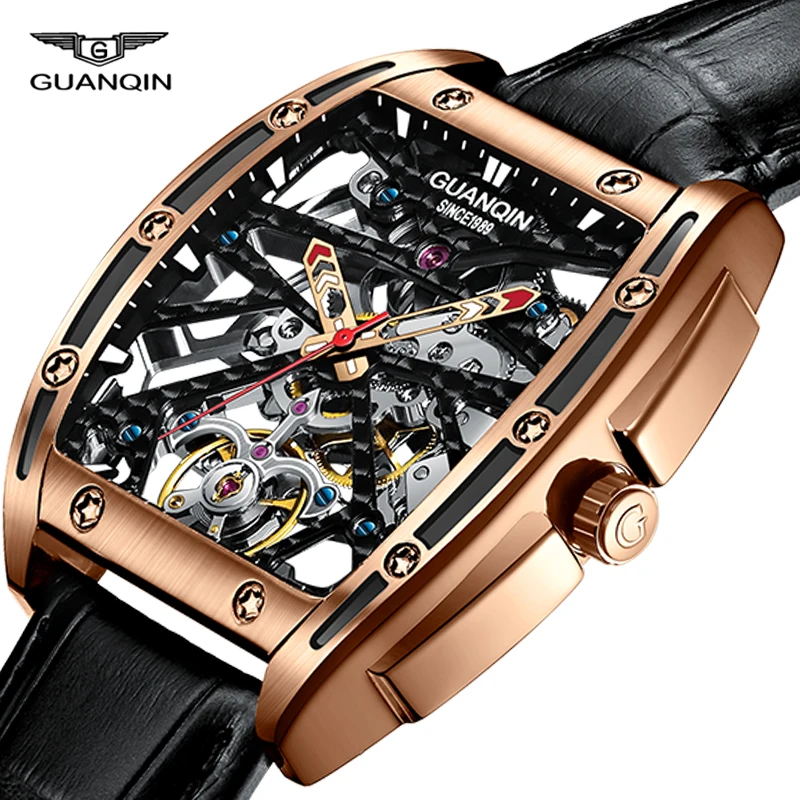 

Guanqin 2020 New tonneau case Open Skeleton dial hollow out Men Automatic Mechanical Movement Wrist Watches