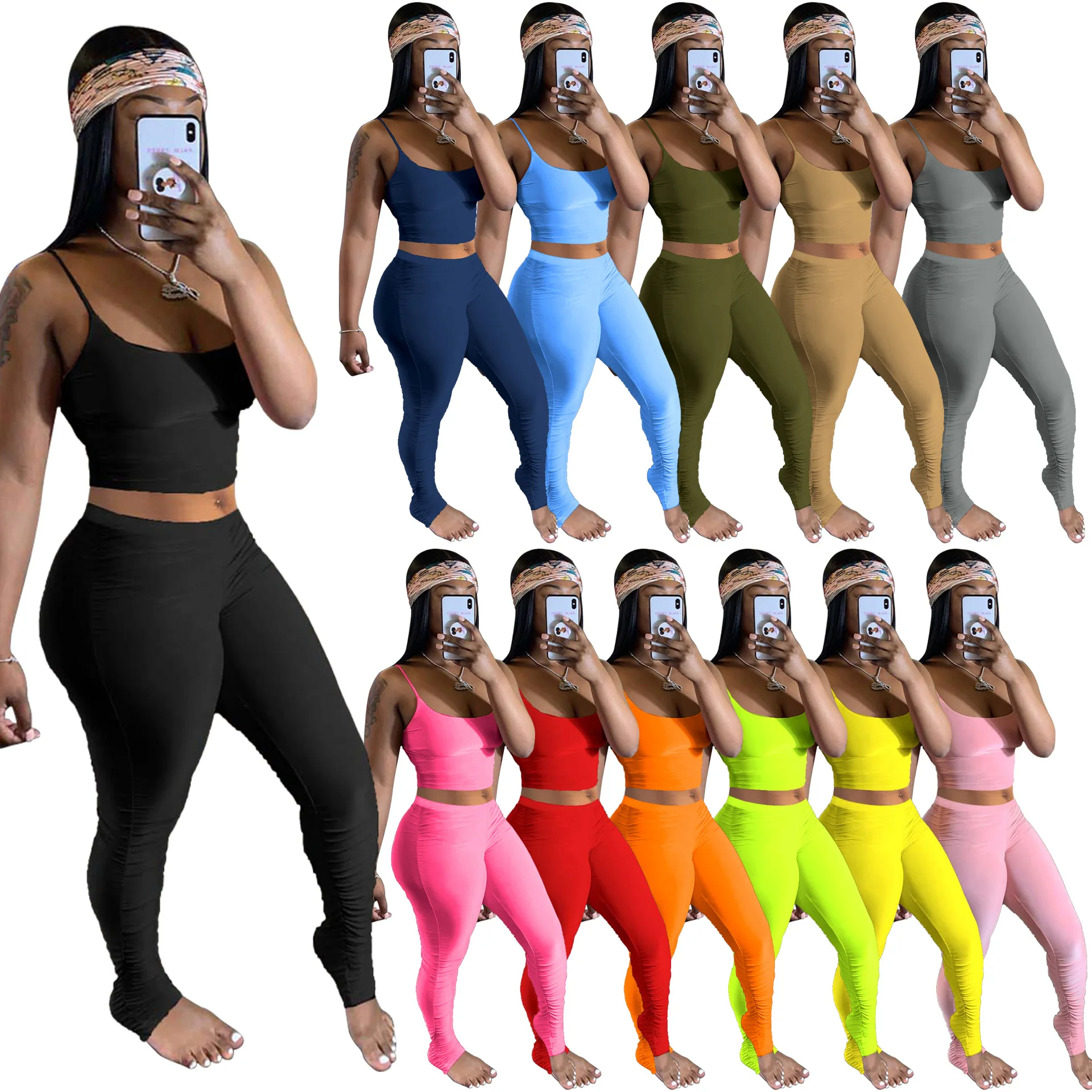 

Woman clothes 2021 trending summer 2 piece set women pure color sling running sports suit ice silk material sexy outfits, Show