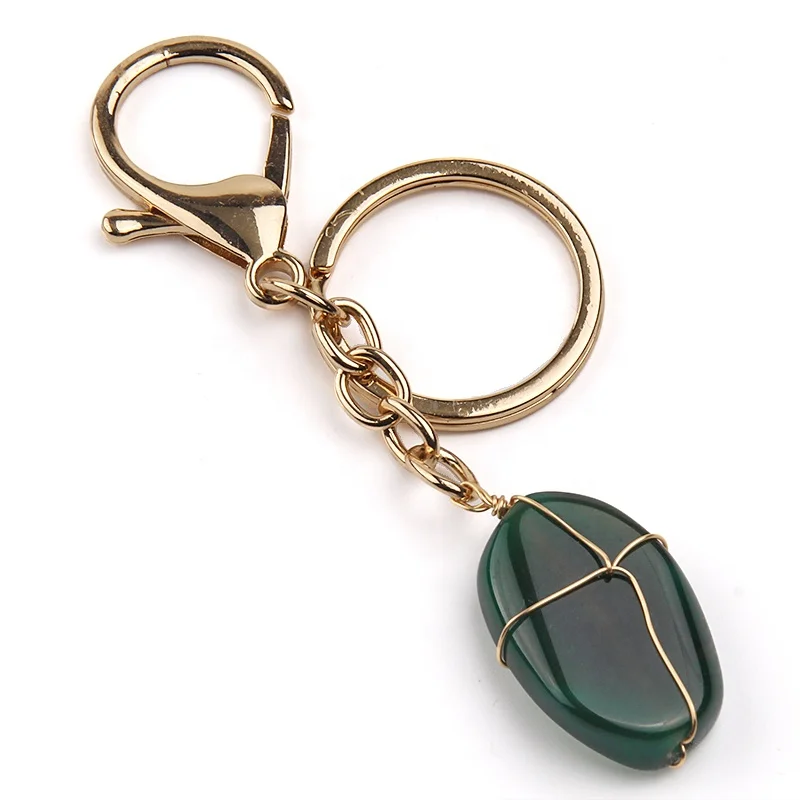 

Wholesale Golden Alloy Natural Gemstone Keychain Oval Agate Pendant Keychain
