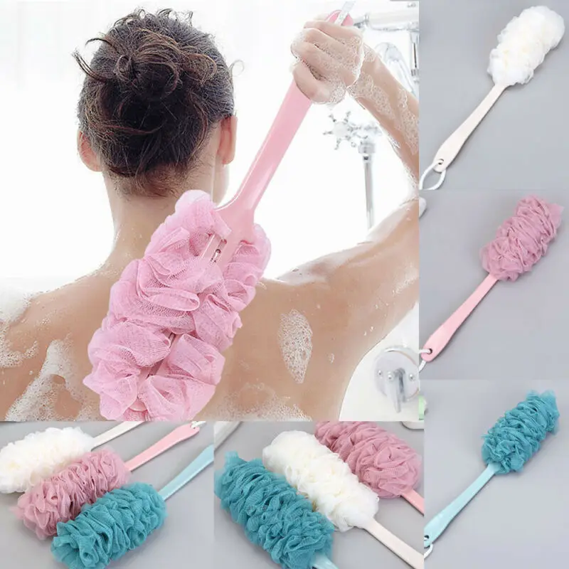 

Practical Body Scrub Bath Back Brush Shower Loofa Mesh Bath Ball With Long Handle, As photo