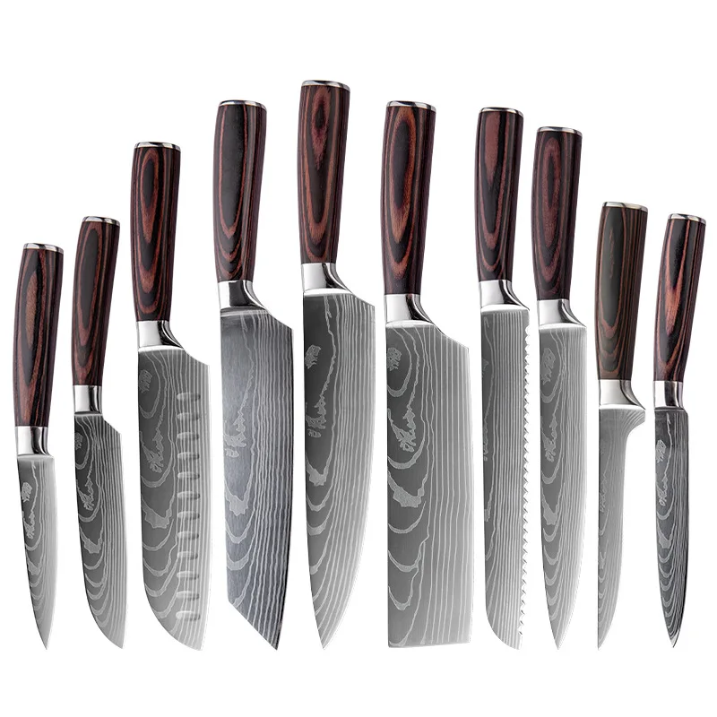 

10 pcs Kitchen knife set Laser Damascus Pattern 4cr13 Stainless Steel Slicing Santoku Paring Boning Chef Knife