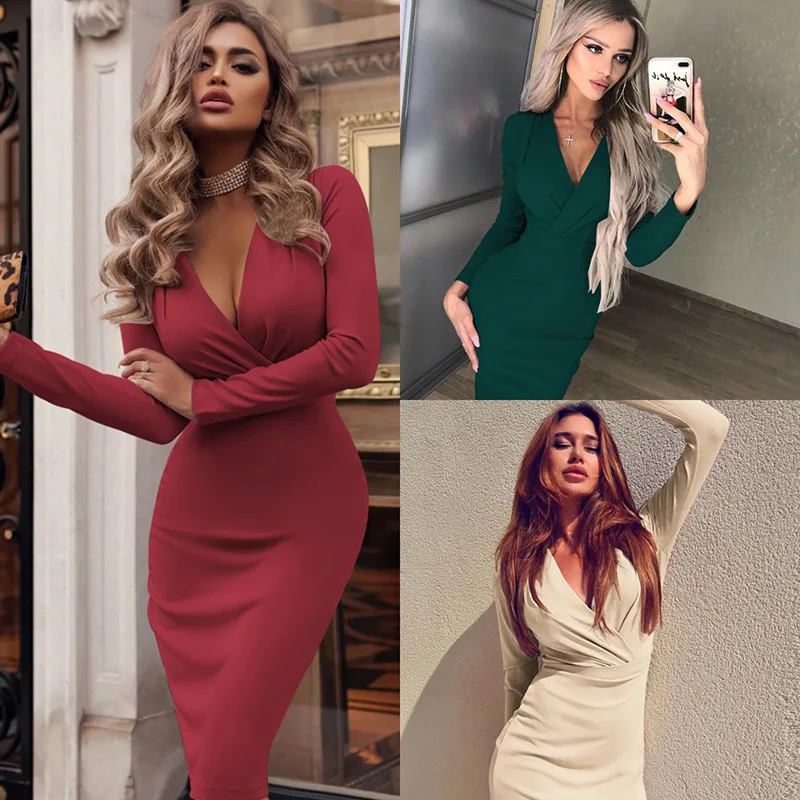 

Women Dress Autumn Winter Casual Solid Color Long Sleeve Elegant Office Lady Dress Sexy Deep V Neck Bodycon Pencil Party Dresses