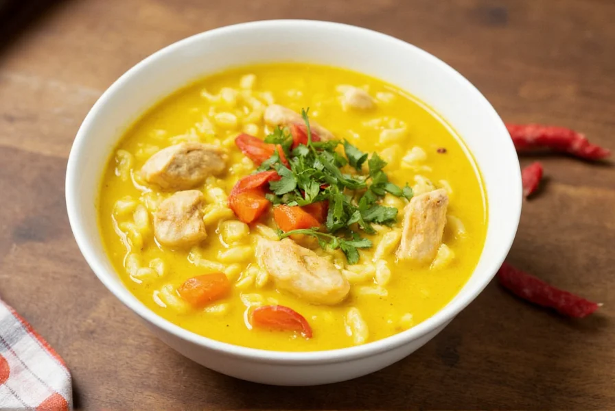 Golden turmeric chicken noodle soup in white bowl with fresh parsley garnish