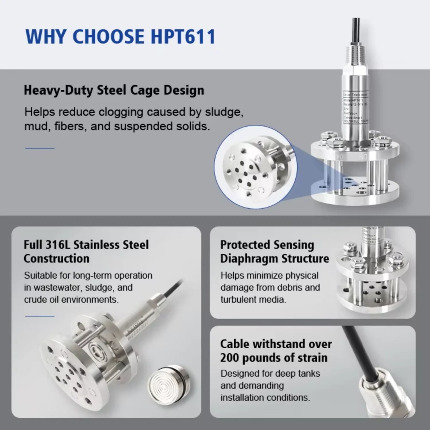 Holykell Anti-clogging Submersible Level Sensor Level Transmitter for Sewage and Industrial Waste Water